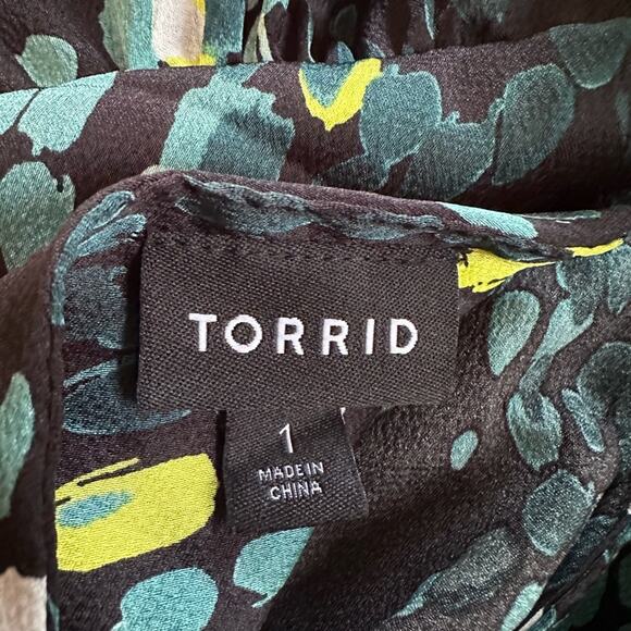 Torrid Green Silky Wrap Top Long Sleeve Watercolor Bow Celestial Artsy Size 1X - Picture 2 of 7